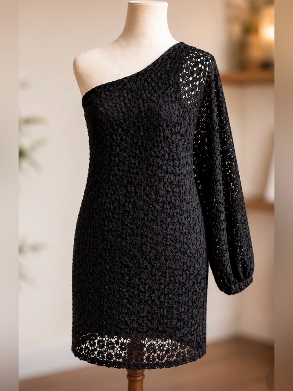 Julian Chang One Shoulder Dress Black Crochet Lace Batwing Sleeve Size Small